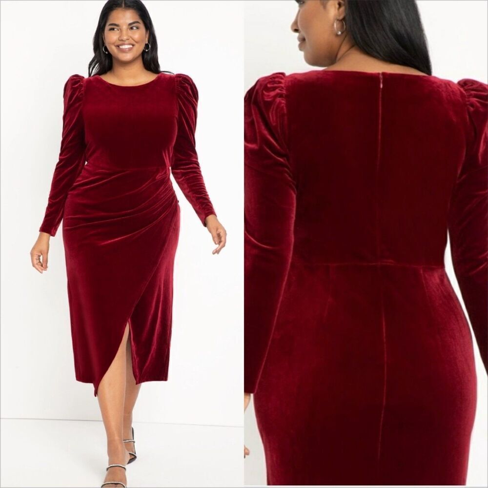 Eloquii Velvet Puff Sleeve Wrap Midi Dress Size 18 Holiday Special Occasion Wine